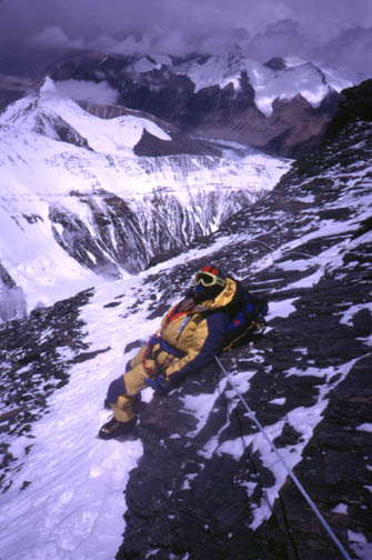 Ryszard Pawlowski resting on the way down below camp 3, after his epic descent from 
	the summit.