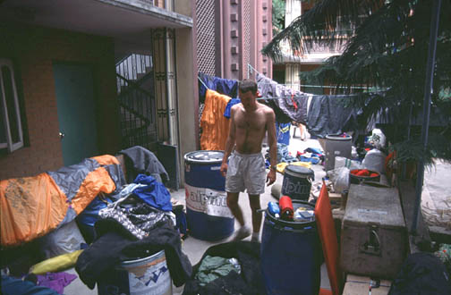 Sorting gear at the hotel in Kathmandu.