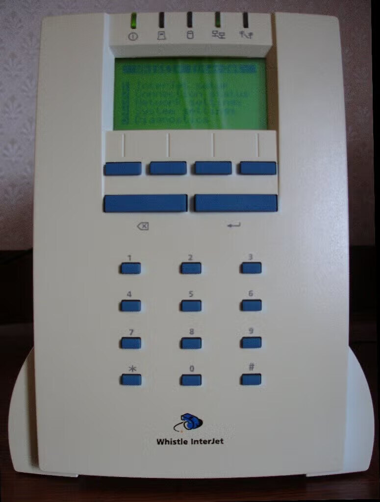 An InterJet 140 Indigo, front: the WhistleWare main menu on the panel.