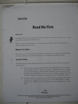 The InterJet 140 Read Me First sheet: notes on AppleTalk routers and 640 by 480 monitors, part number U-RM-EN-140-A.