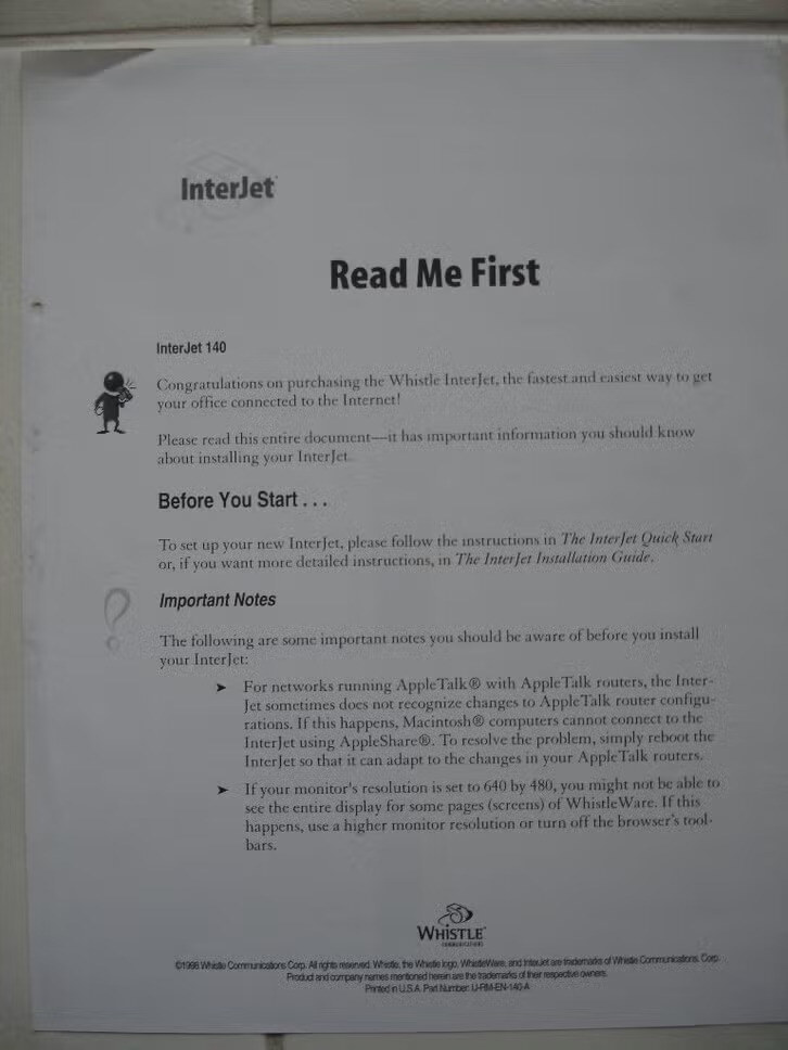 The InterJet 140 Read Me First sheet: notes on AppleTalk routers and 640 by 480 monitors, part number U-RM-EN-140-A.