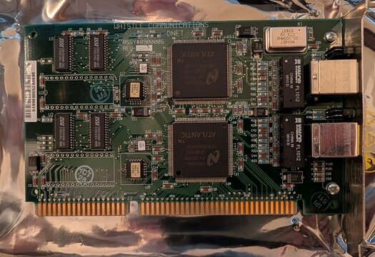 The Whistle dual-Ethernet ISA card, DNET ASSY#0900005, with two AT/LANTIC controllers.