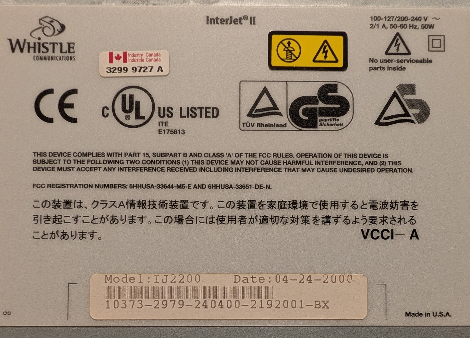 The InterJet II bottom label: Model IJ2200, Date 04-24-2000, FCC registration 6HHUSA-33644-M5-E and 6HHUSA-33651-DE-N.