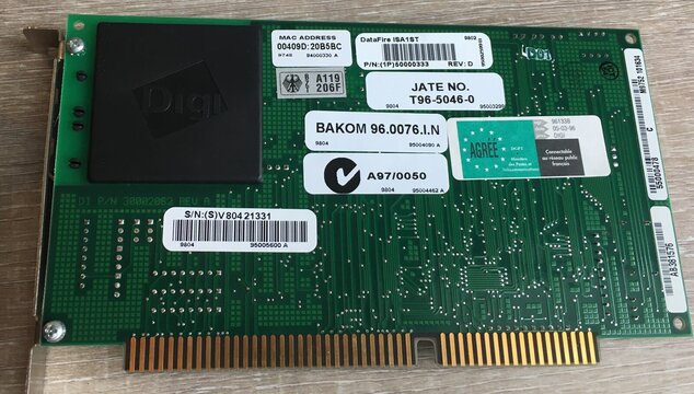 The back of the DataFire ISA1ST: product, MAC address and serial labels, and approval labels from Germany, Japan, Switzerland, France and Australia.