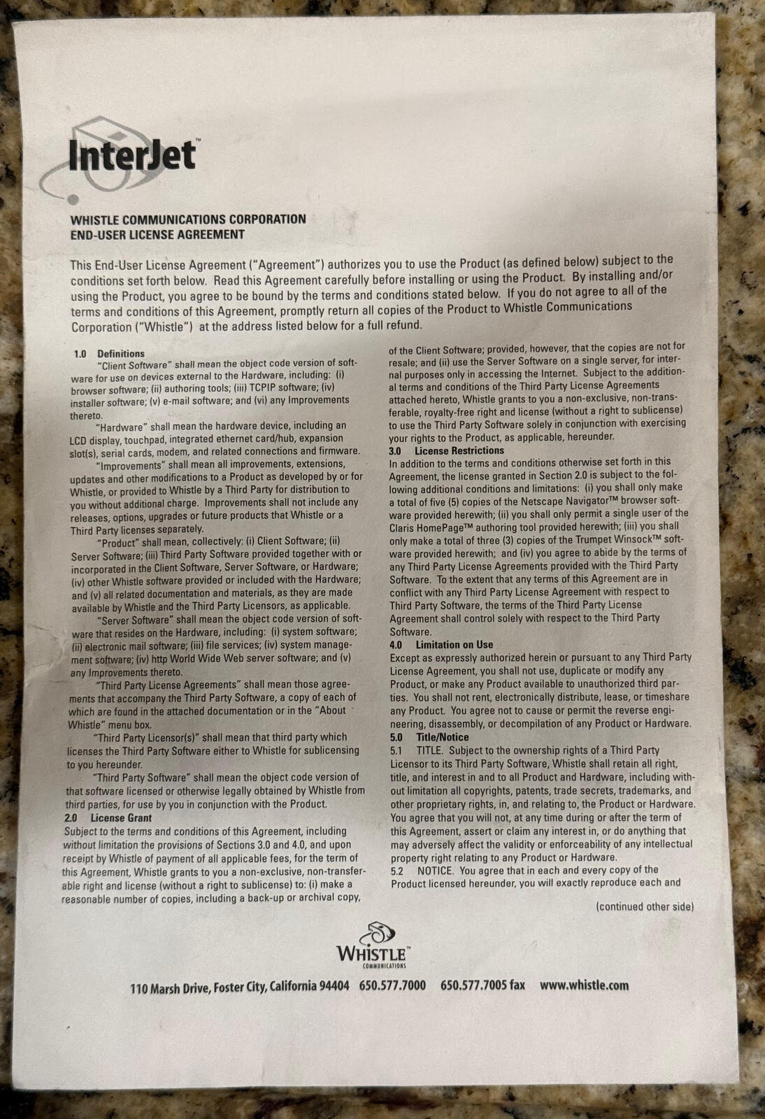 The InterJet software envelope, front: the Whistle Communications Corporation End-User License Agreement.