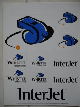 The Whistle sticker sheet: the whistle, Whistle Communications and InterJet, (c) 1996 Whistle Communications Corp.