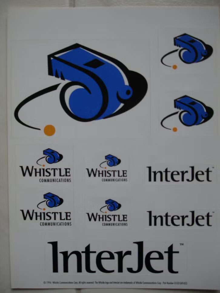 The Whistle sticker sheet: the whistle, Whistle Communications and InterJet, (c) 1996 Whistle Communications Corp.
