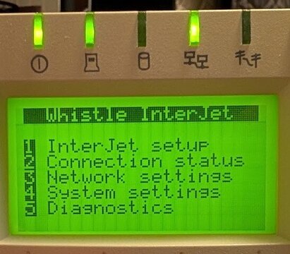 The WhistleWare main menu: InterJet setup, Connection status, Network settings, System settings, Diagnostics.